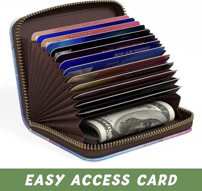 Aiawoxc Credit Card Holder for Women, Small RFID Wallet Slim Leather Card Organizer Case with Zipper and Keychain, Purple Marble