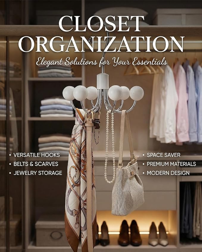 4 Pack Hoodie Hangers 360° Swivel Hooks with Wood Balls for Storage, White | Hanging Closet Hat Purse Tanktop Handbag Necklace Organizer Bra Hanger and Storage Save Space