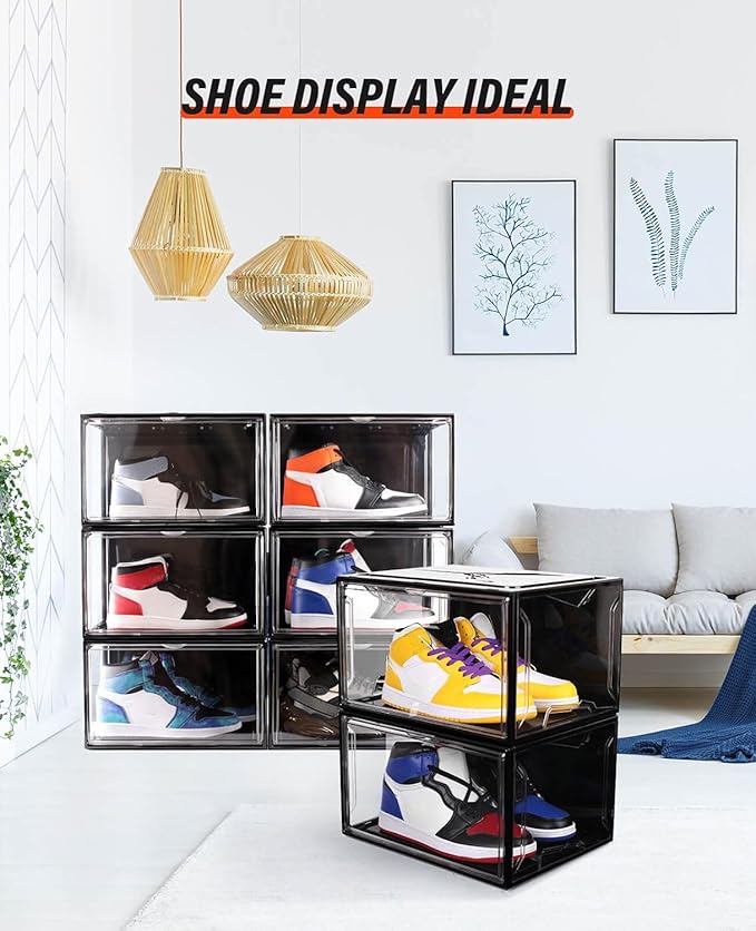 KDOR Clear Shoe Boxes Stackable, 3 Pack Shoe Storage Box with Lids Magnetic Door, Clear Sneaker Storage Acrylic Boxes for Display, Fit Shoe Size Up to US 15（Side 3 PACK BLACK）