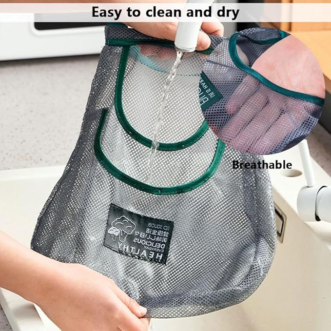 2 Pack Hanging Mesh Storage Bags (Single + Dual Pocket) Reusable Hanging Mesh Storage Produce Bags for Kitchen Storage Fruits, Onion, Garlic & Vegetables, Breathable Shopping Handbag