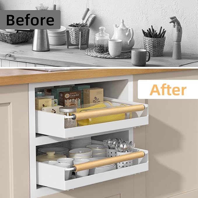 2 Pack Pull Out Cabinet Organizer, 15.3'' Deep Expandable Slide Out Cabinet Organizer Fixed with Adhesive Nano Film, Slide Out Drawers Pull Out Tray for Cabinet in Kitchen, Pantry, Bathroom, White