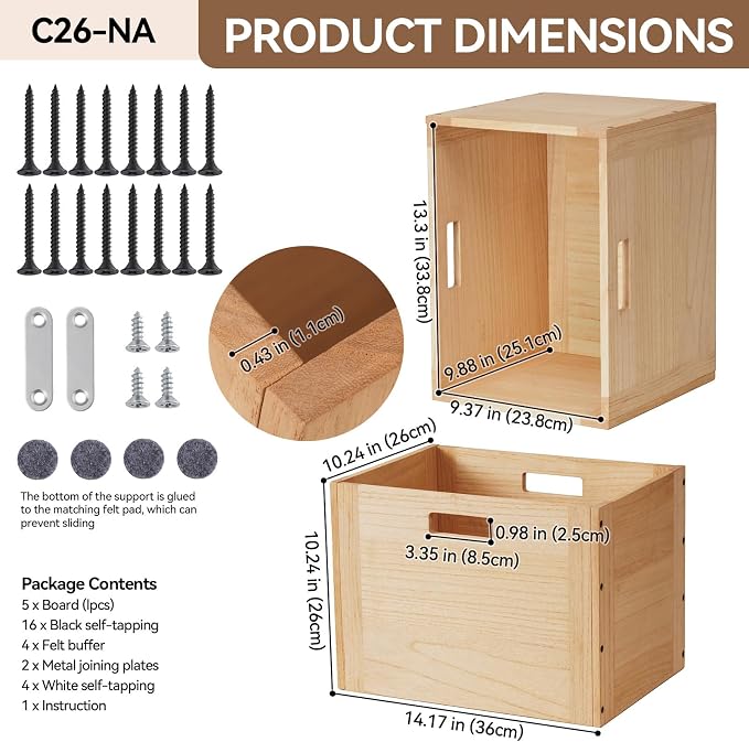 KIRIGEN Stackable Wood Storage Cube with Handles, Open Cubby Bin, Natural | Open-Front Wooden Crate Box for Books, Clothes, Shoes, Closet Storage, and Display for Home Office, Assembly Required