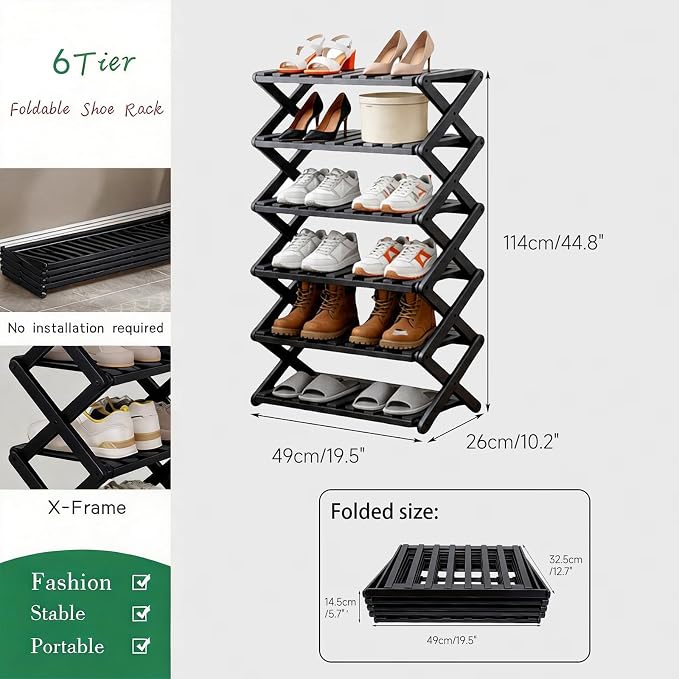 6 Tier Bamboo Shoe Rack Black,Portable Folding Shoe Storage Rack,Without Installation Small Shoe Rack Perfect for Corridors, Drom, Bedrooms and Small Spaces