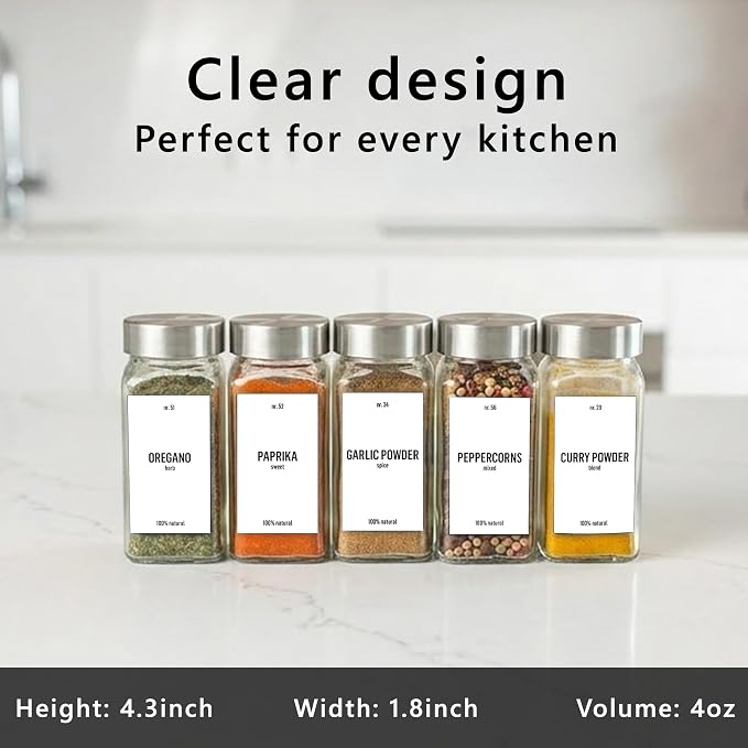 Deco haus Empty Glass Spice Jars with White Label 24x4oz [LABELS incl] Spice Containers with Labels, Shaker Lids & Funnel - Empty Herb Seasoning Containers, Small Seasoning Bottles for Herb