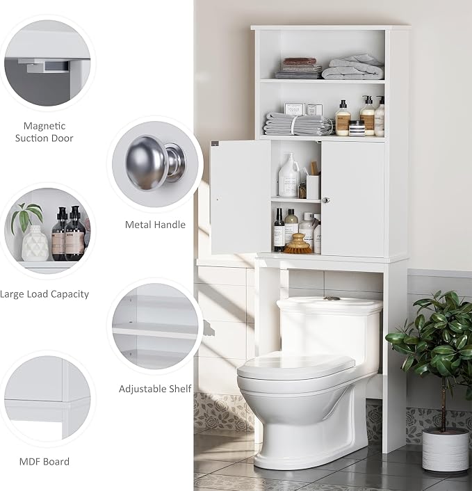Extra Tall Over The Toilet Storage Cabinet for Bathroom, 75in Storage Organizer Over Toilet with Adjustable Shelf, Space Saver with Open Shelf, White