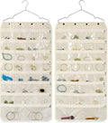 Flexzion Hanging Jewelry Organizer with Zippered Pockets - (1 Pack) Beige Closet Jewelry Organizer Storage with Hanger, 56 Pockets Dual Sided Earring Organizer Hanging for Bracelet, Watches, Ring