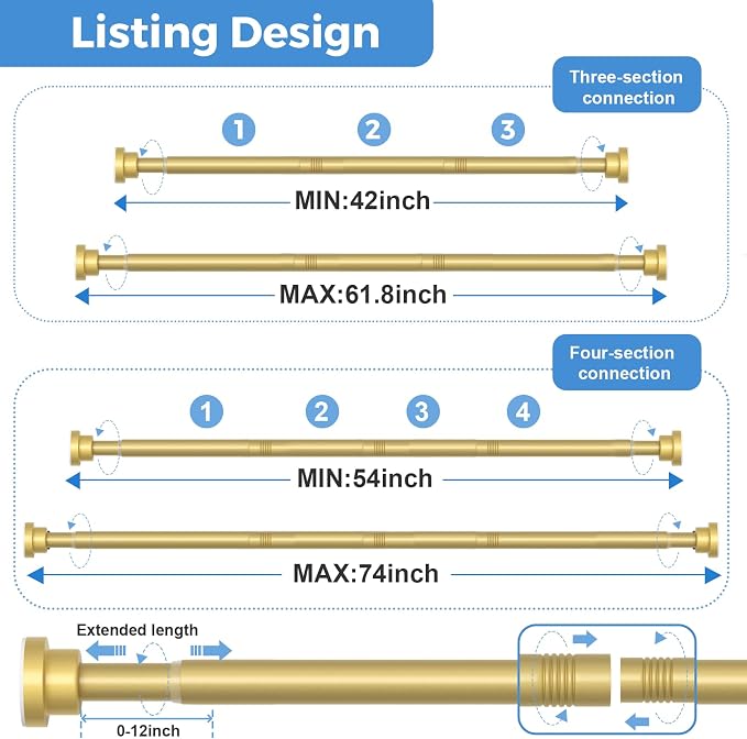 Shower Curtain Rod 45-77 Inch Gold Shower Rod Tension Rod Adjustable Curtain Rod No Drilling Tension Curtain Rod Shower Rods for Bathroom Tension Shower Curtain Rod
