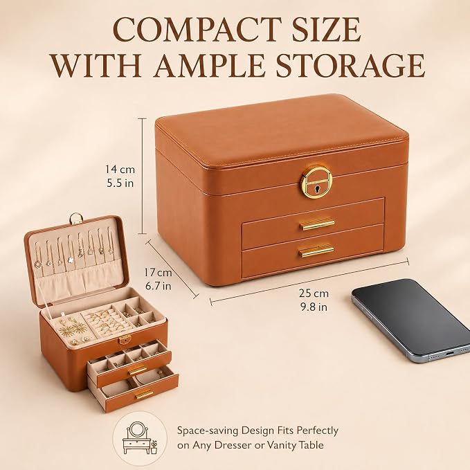 Jewelry Box for Women, Large Dresser Top Organizer with 3 Layers & 2 Drawers, PU Leather Storage Case for Earrings, Necklaces, Rings, Giftable Vanity Box (brown)
