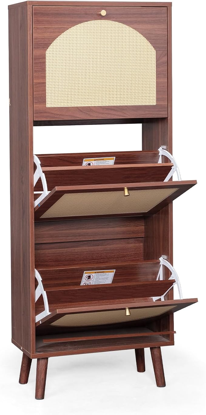 Karl home Brown Rattan Shoe Cabinet, 3-Tilt-Out Entryway Storage Organizer | Hidden Shoe Rack with 3 Tilt-Out Compartments for Heels, Slippers and Casual Shoes, Space Saving Entryway Furniture