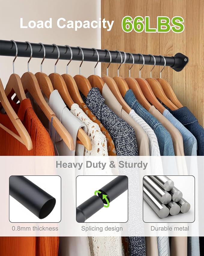 Closet Rod for Hanging Clothes, 54 to 64 Inches Adjustable Heavy Duty Closet Rod, Matte Black