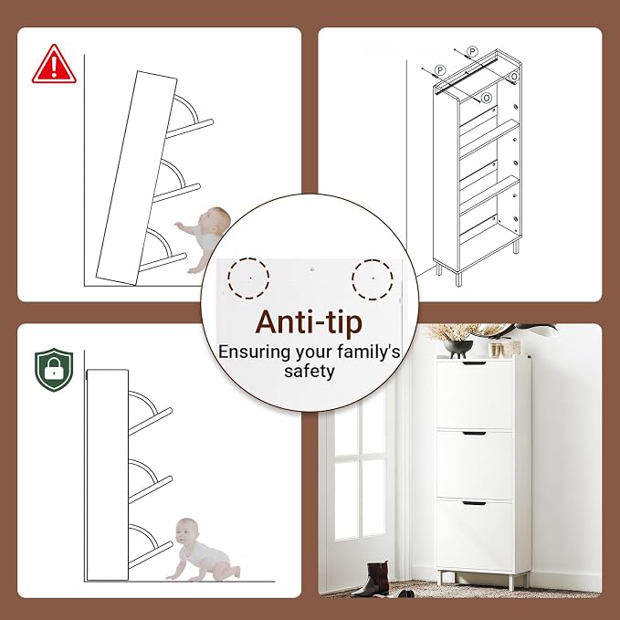 Haotian Slim Shoe Cabinet Entryway | Hidden Shoe Storage with Three Flip Drawers to Save Space, Freestanding Shoe Rack for Front Door, Entryway, Hallway (White)