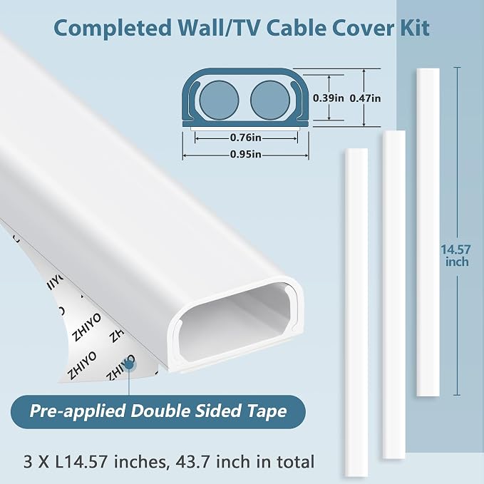 Wire Covers for 2-3 Cords, 43.7in Cord Hider, Wire Hiders for TV on Wall, Paintable Cable Cover Channel, Cable Management Raceway Kit for Wall Mounted TV in Home Office, 0.95in W X 0.47in H, Grey