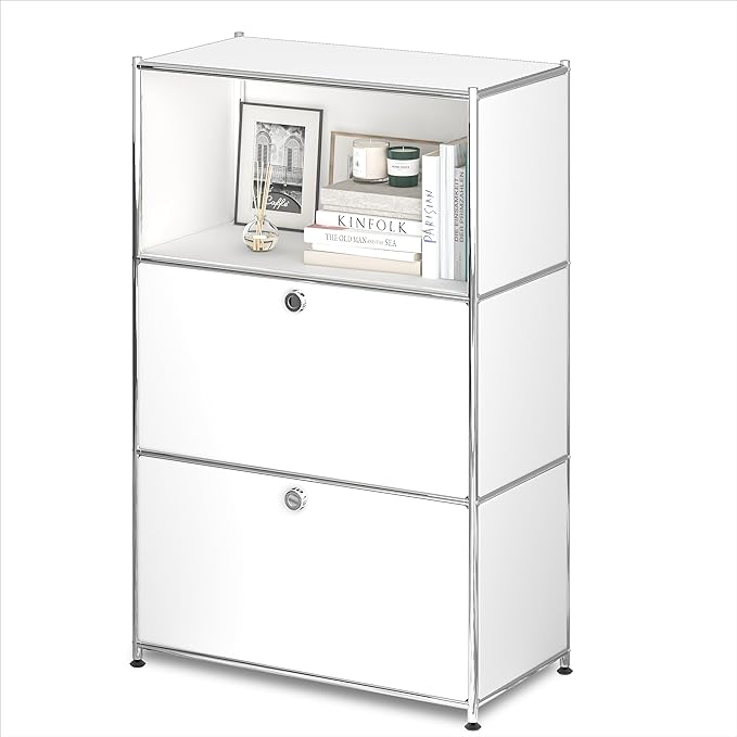 Metal Shelf with 2 Flap Doors, Large Capacity Cabinet,DIY Modern Home Furnishing,Perfect for Home, Office, Kitchen, Hallway,Foyer (White)