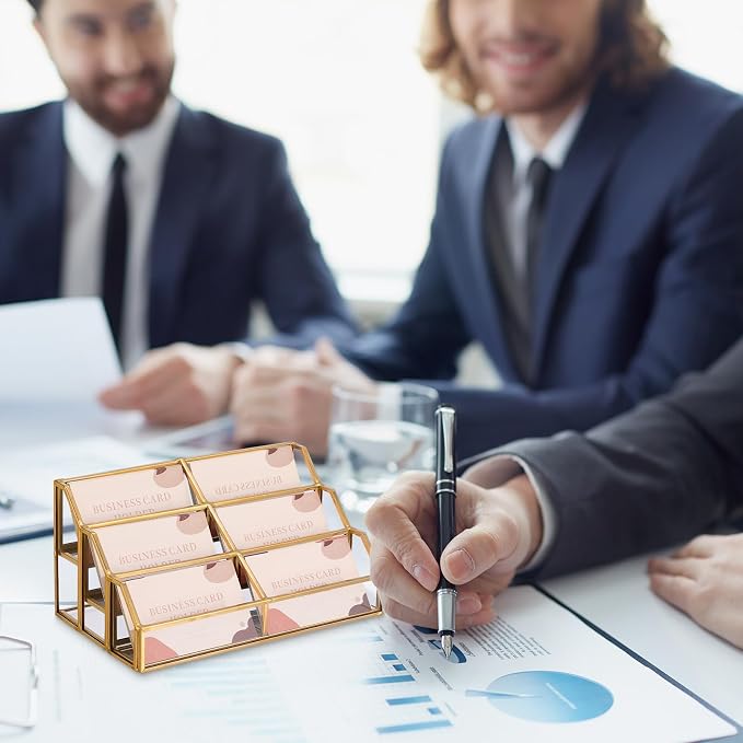Hipiwe Gold Metal Desk Business Card Holder Glass Name Card Display Organizer 3 Tiers 6 Slot Business Card Stand for Exhibition Office Desktop