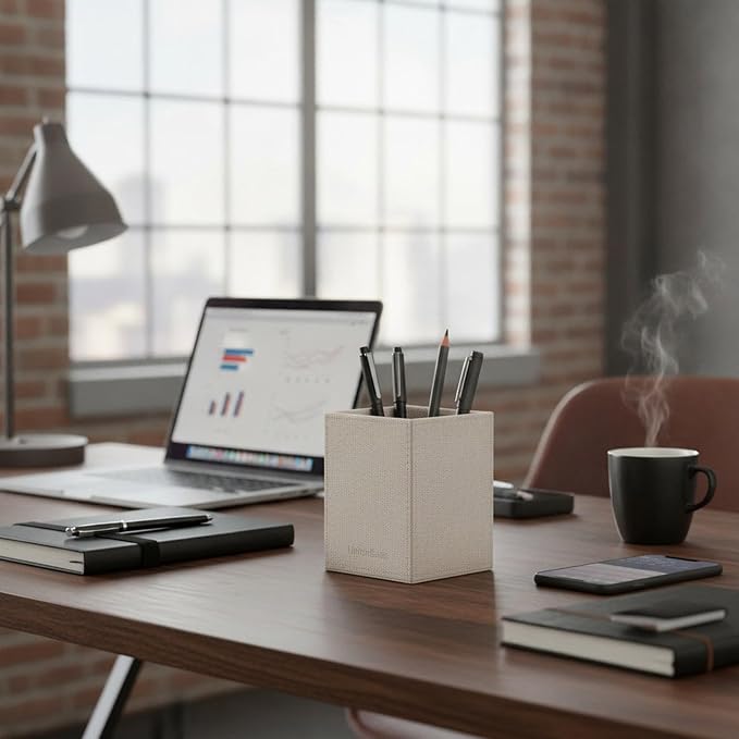UnionBasic Square Pen Holder, Leather Pencil Cup, Desktop Caddy Stationery Organizer, Beige