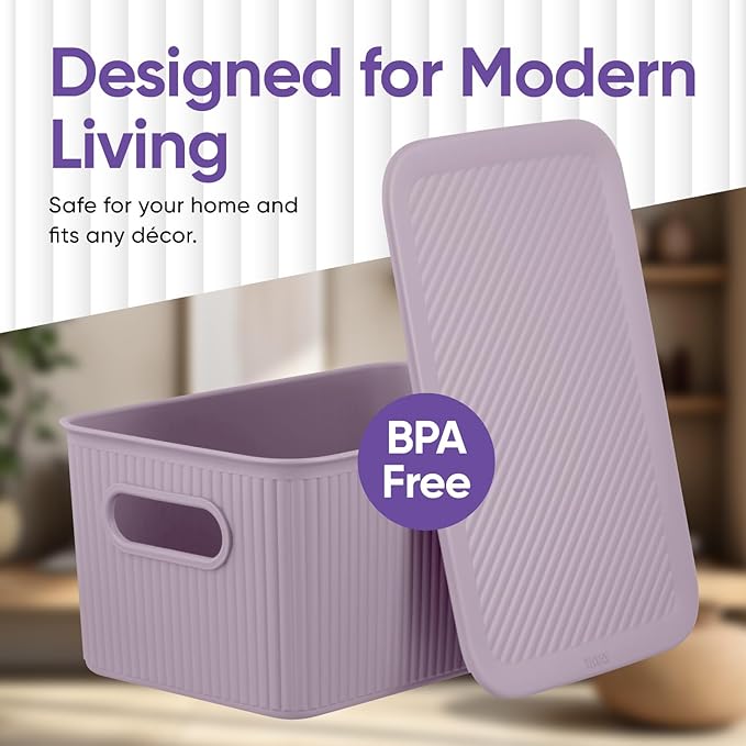 Superio Ribbed Collection - Decorative Plastic Basket Open Home Storage Bins Organizer, Lilac (Parent) Container Boxes for Organizing Closet Storage Bins for Shelves (Lid - Medium (5 Liter), 4 Pack)