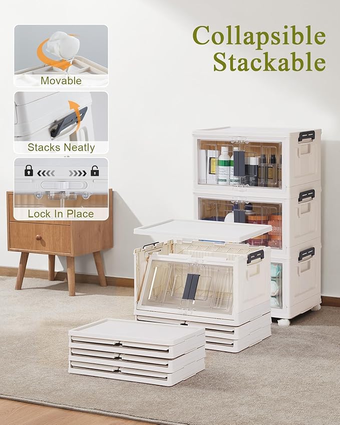 OlarHike 23QT Stackable Storage Bins with Lids- Folding Storage Box with Doors and Wheels, Collapsible Plastic Storage Bins for Closets, Organization and Storage, 3 Pack Cubes (Warm Gray)