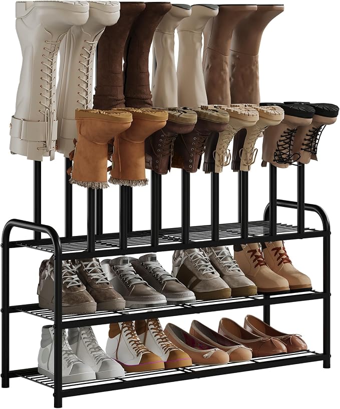 Kitsanery Shoe Rack, 100% Metal Boot Rack Organizer for Entryway, Closet & Garage, Free Standing Shoe Shelf for Storage Tall Boots, Sneakers, Cowboy Boots, Black (Large - 8 Pairs)