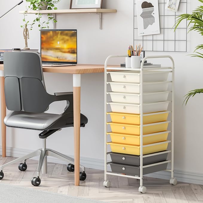 DREAMADE Rolling Cart with Storage Drawers, Utility Cart with Removable Plastic Drawers, Lockable Wheels, Art Cart for Classroom Organization Art Supplies Office Scrapbook (10 Drawers, Yellow)