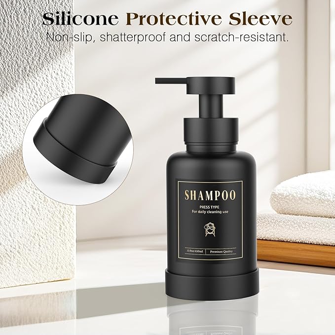 Luxspire Foaming Soap Dispenser, Glass Foam Pump Soap Dispenser, Non-Slip Hand Soap Bottle with 5 Waterproof Labels, 15 Oz Refillable Liquid Soap Bottle for Bathroom & Kitchen, Black, 1 Pack