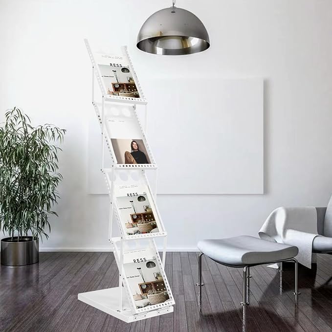 Foldable Brochure Display Stand with Carrying Bag, Literature Stand 4 Tier | Literature Rack for Trade Shows, Exhibitions, Office, and Retail Stores. Sturdy, Portable, and Easy to Assemble, White Finish