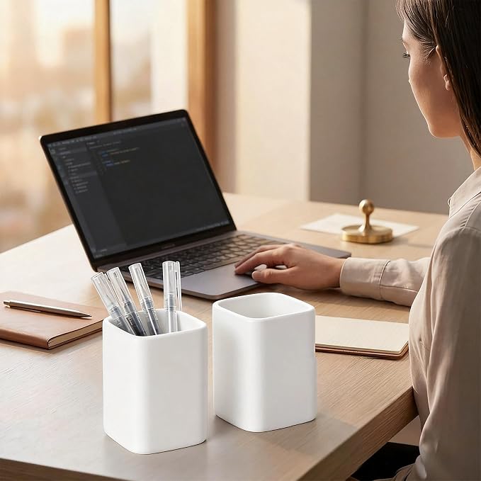 Ceramic Pen Holder Set of 2, Matte Square Pencil Cup for Desk, Heavyweight Stoneware Desk Organizer for Office Front Desk & Vanity, Modern Pen Cups Holder, Non-Slip Base - Matte white