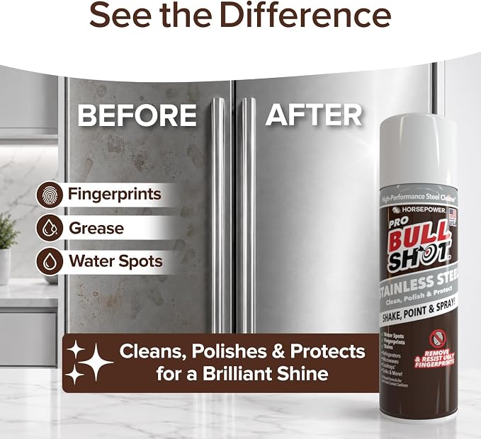 Horsepower Bull Shot Stainless Steel Cleaner Spray, As Seen On TV, Cleans, Polishes & Protects, Removes Greasy Fingerprints & Streaks