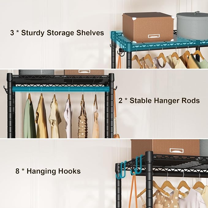 FUTASSI P3 Mini Rolling Clothes Rack, Clothing Racks for Hanging Clothes, Heavy Duty Garment Rack with Wheels, Freestanding Portable Closet Racks 23.6'' W x 14'' D x 78.5'' H, Max Load 430 Lbs, Black