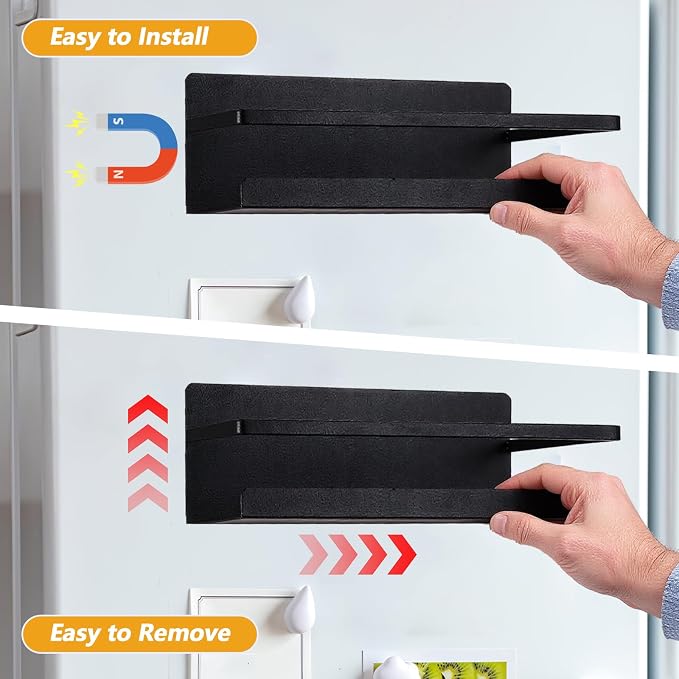4 Pack Magnetic Spice Rack for Refrigerator, Strong Space Saving Shelf Organizer Single Tier Fridge Spice Storage Black