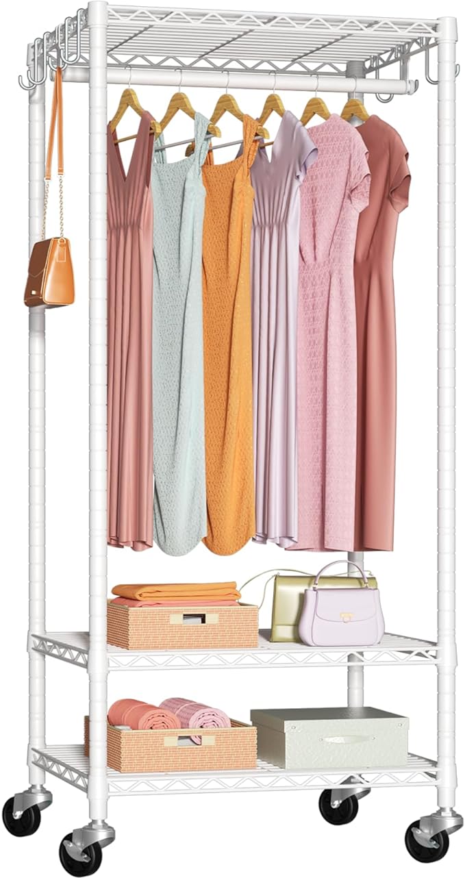 FUTASSI Rolling Clothes Rack, Clothing Racks for Hanging Clothes, White | P6 Mini Heavy Duty Garment Rack with Wheels, Freestanding Portable Closet Rack with Shelves, 23.6 In Wide, Max Load 360 LBS