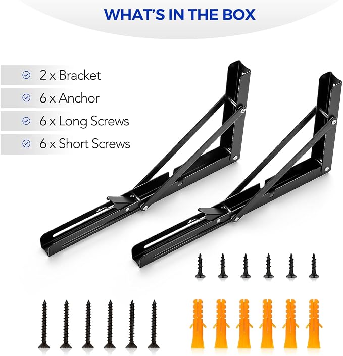 Ravinte Matte Black Folding Shelf Brackets, 12 Inch, 2 Pack | Collapsible Bracket Design, Table And Bench Support, Space-Saving Shelf Setup, For Worktops, Laundry Rooms, Garage Projects