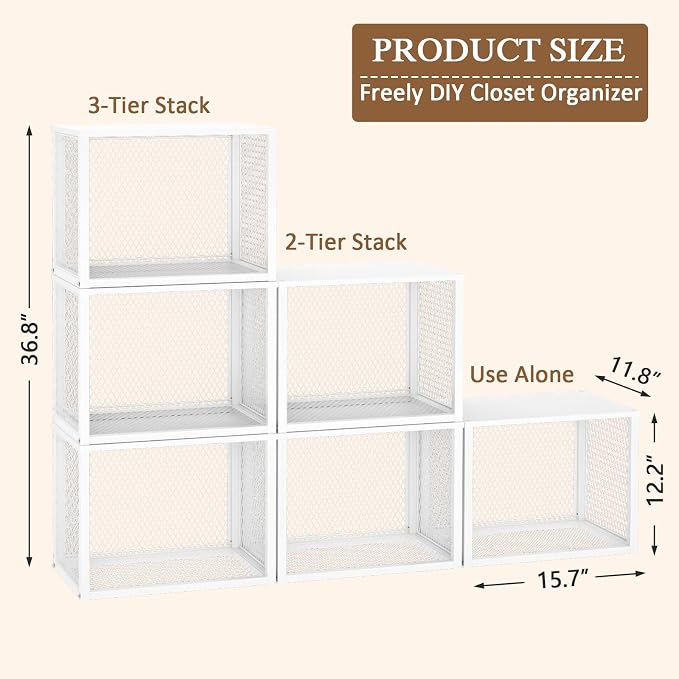 2 Pack Stackable Closet Organizers and Storage Basket, Closet Shelves with Wood Top Extra Storage, Multifunctional Clothes Organizer Bins/Cube Storage Drawer for Wardrobe Kitchen Laundry Room, White