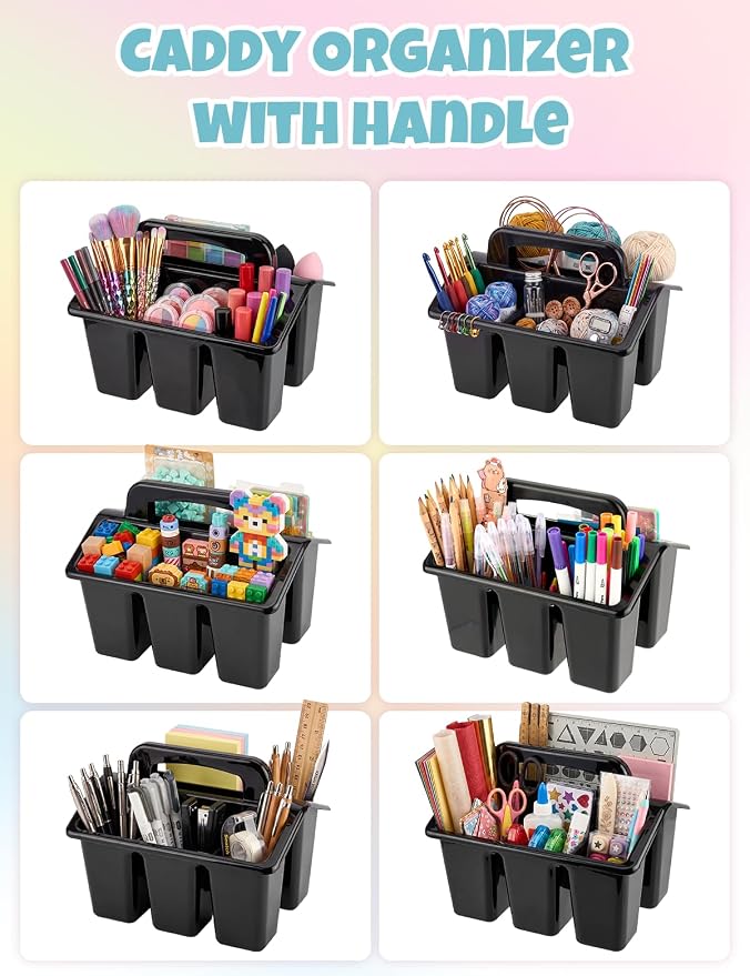 6 Pack Classroom Caddy Organizer with Handle, Table Caddy Classroom | 4 Compartments, 9×6.3×6.7 inches, Thick Durable PP Plastic, Built-in Handle, Stackable Design, for Classroom Desk Office Home