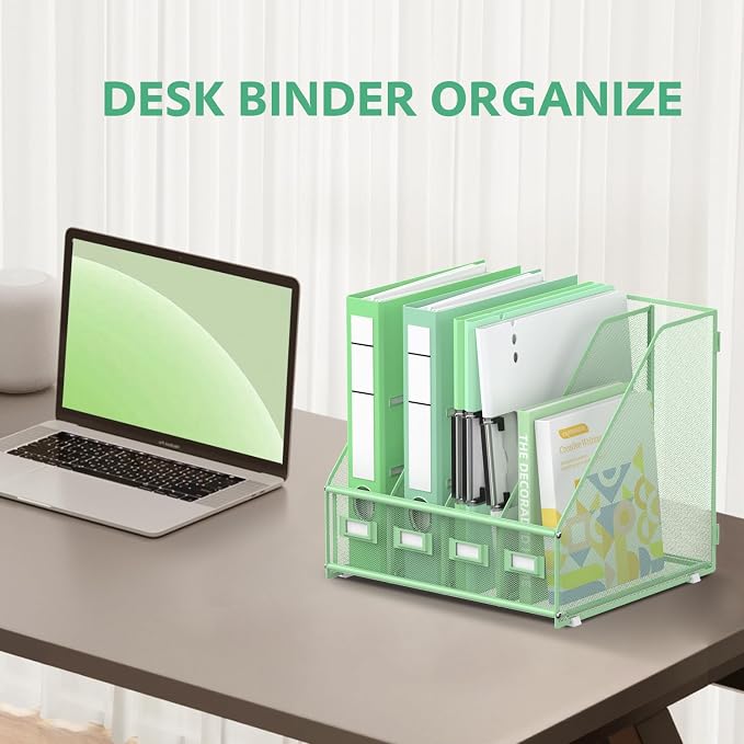 4 Vertical Compartments Magazine File Holder, Binder Organizer, Mint Green | Space-Saving Desktop Storage, Built-In Label Holders, Anti-Slip Feet, Sized for Binders, Folders, Magazines and Files