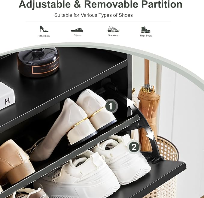 BERRYMERRY 47.2” Shoe Storage Cabinet for Entryway with 4 Flip Drawers, Narrow Shoe Organizer with Wave&Fluted Panel, Freestanding Wood Hidden Shoe Cabinet for Hallway