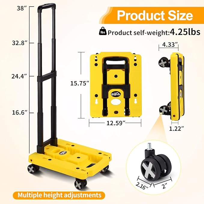 Folding Hand Truck Lightweight Hand Truck Dolly Foldable,Luggage cart with 4 Rotate Wheels, Utility Cart with Adjustable Handle,Collapsible Dolly for Moving