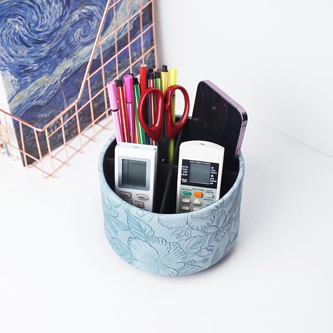 Round Leather Art Supply Organizer,Remote Control Holder,360 Degree Spinning,Multi-Functional Pencil Holder,4 Compartments Desktop Stationary Organizer(1-Carved Light Blue)