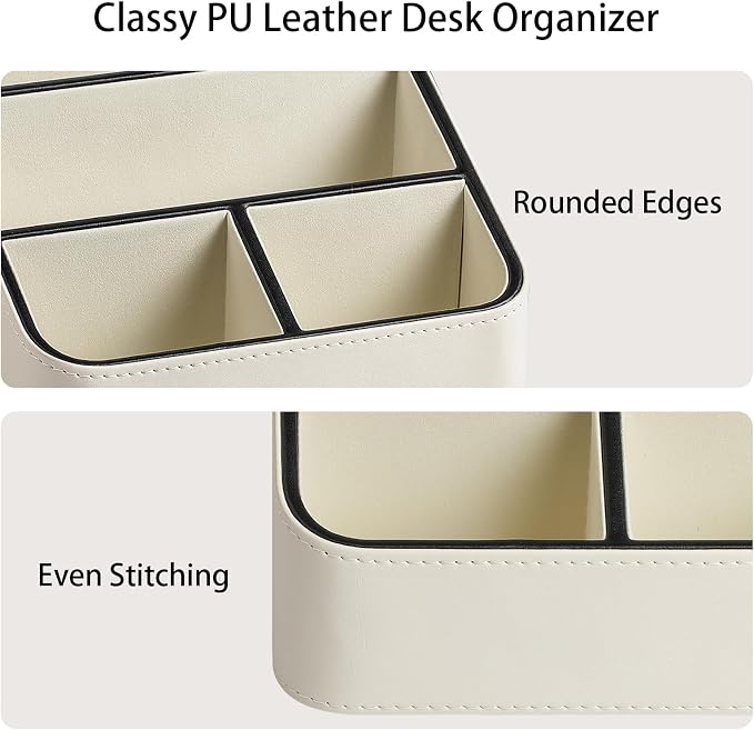 PU Leather Remote Control Holder, Nightstand Organizer with 4 Compartments | Luxury Desk Caddy with Velvet Lining, Small Desk Organizer for Living Room, Bedroom, Bedside, End Table, 6.8" x 6.7" x 4"