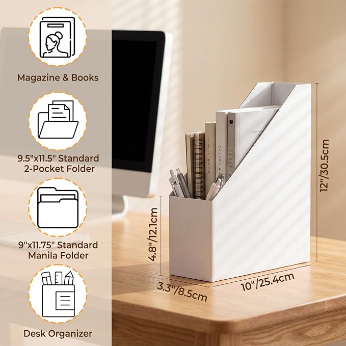 EXYGLO 6 Pack White Magazine File Holder, Cardboard Magazine Rack with Label, Foldable Storage Organizer Box for Book, Documents, 10x3.3x12 Inches