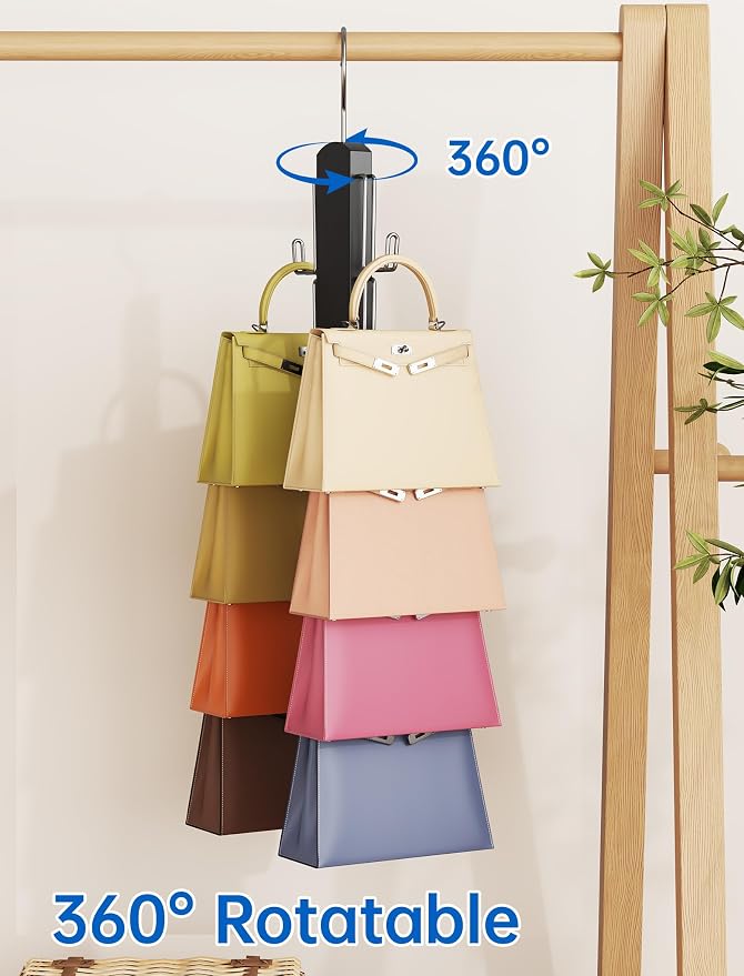 NiHome Wooden Purse Organizer for Closet, 8 Extra-Wide Metal Hooks Handbag Hanger, Space-Saving Hanging Bag Holder & Purse Rack for Closet Organization (Black)