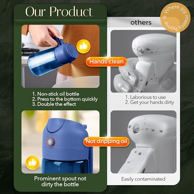 YARRAMATE 16oz/470ml Light-Blocking Dark Oil Sprayer for Cooking, 2 in 1 Olive Oil Dispenser Bottle for Kitchen, Premium Blue Glass Oil Bottle, Food-Grade Oil Mister for Air Fryer, BBQ (BlackNavy)