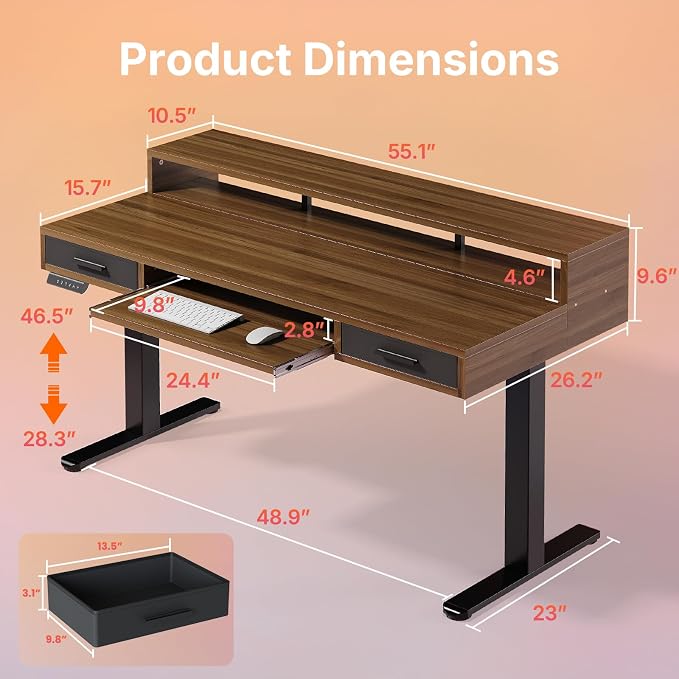 HUANUO 55″ x 26″ Electric Standing Desk with 2 Drawers &24.4″ Large Keyboard Tray, C-Clamp Mount Compatible, Adjustable Computer Desk for Office, Sit Stand Up Desk with 4 Height Presets, Deep Walnut