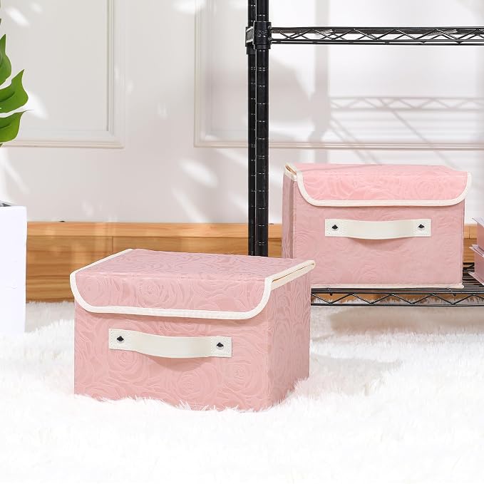 ANMINY 2PCS Fabric Storage Bin with Lid Rose Print Box Basket with PU Leather Handles Washable PP Plastic Board Decorative Foldable Lidded Shelf Cubes Closet Organizer Container - Pink, Small Size