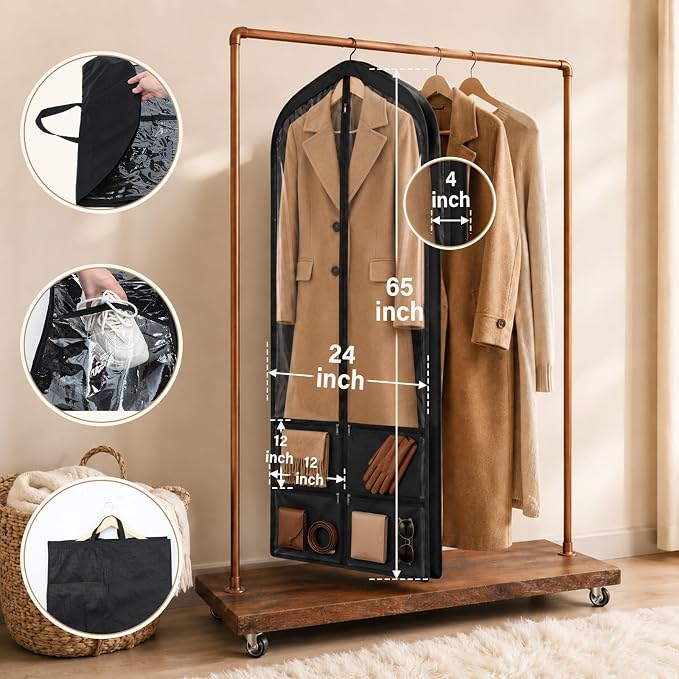 Tranqun 2 Pack 65" Long Wedding Garment Bags for Gowns 4" Gusseted Clear Dress Travel Bag for Hanging Clothes Foldable Wedding Dress Cover with 4 Zipper Pockets for Closet Storage and Travel (Black)