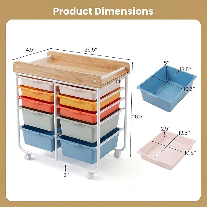 LDAILY Rolling Cart with Drawers, 10 Drawer Rolling Storage Cart with Wooden Tabletop, Metal Frame & Lockable Wheels, Craft Organizers and Storage for Home Office Classroom (Macaron, 10 Drawer)