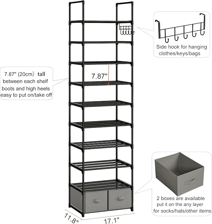 OYREL Tall Shoe Rack Narrow 10 Tier Shoes Rack 20 25 Pairs + 2 Boxes 1 Hook | Shoe Storage Organizer for Closet, Entryway, Living Room,Sturdy Metal Shoe Shelf Shoe Stand Closet Organizers and Storage