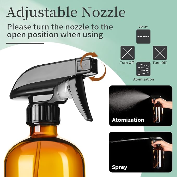 GIVAMEIHF 16oz Amber Glass Spray Bottles,2 Pack Glass Spray Bottles Refillable Empty Bottle with Adjustable Nozzle,Spray Bottle for Essential Oils,Cleaning,Pets,Hair Mister