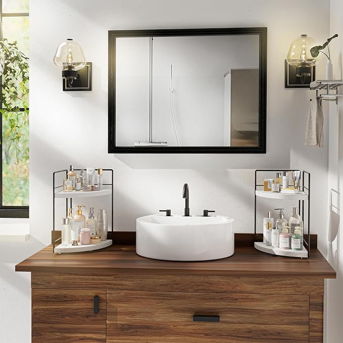 2-Tier Bathroom Corner Organizer Shelf, Wood & Metal Countertop Storage Rack, 2-Pack