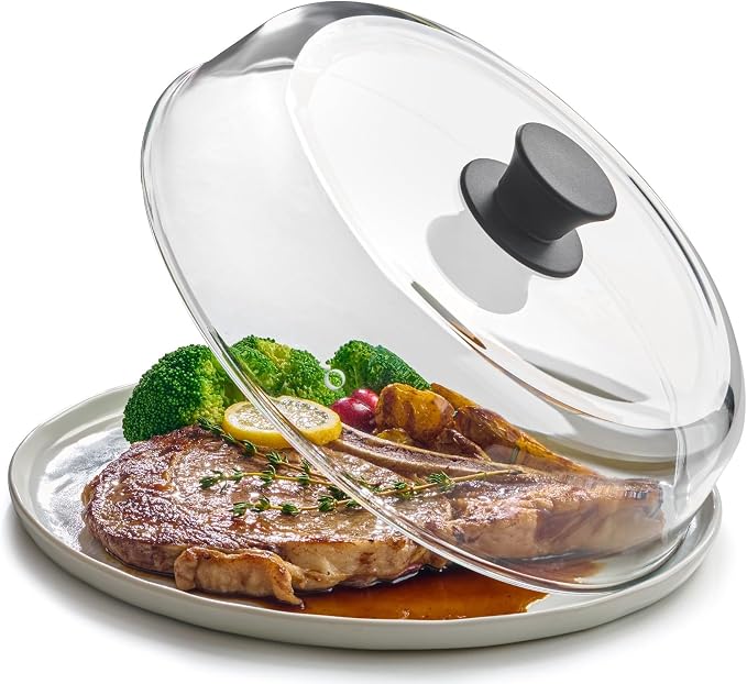 Le'raze 10inch Glass Microwave Splatter Cover for Food - 100% Food Grade BPA & Lead Free - Dishwasher Safe - Cookware & Bakeware Serving Dish Plate Mess Guard Lid with Easy Grip Silicone Handle Knob