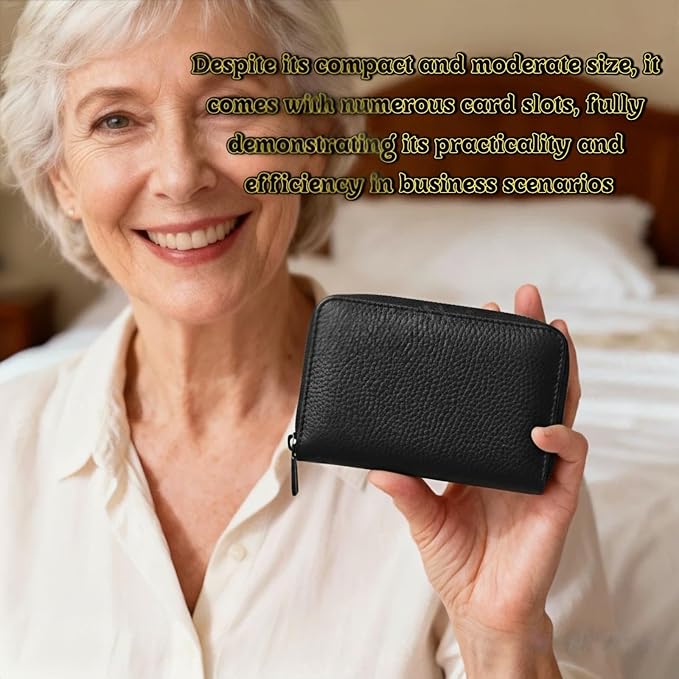 Genuine Leather Credit Card Holder, Wallet Case, Bank Card Case, RFID Blocking Secure Card Case, ID Case, Organizer Zipper Wallet 1 Pcs - Black